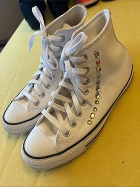 Converse White High-Top Sneakers with Multicolor Gem Studs